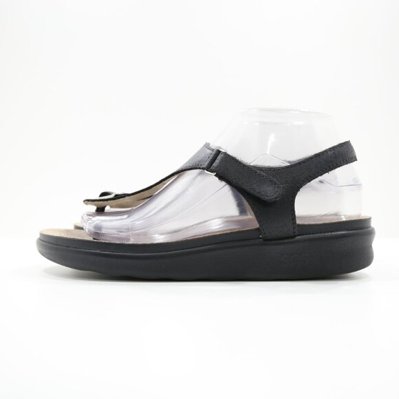SAS Tripad Marina Black Leather Cork Insole Flat T-Strap Comfort Sandals - 8 - Picture 1 of 7